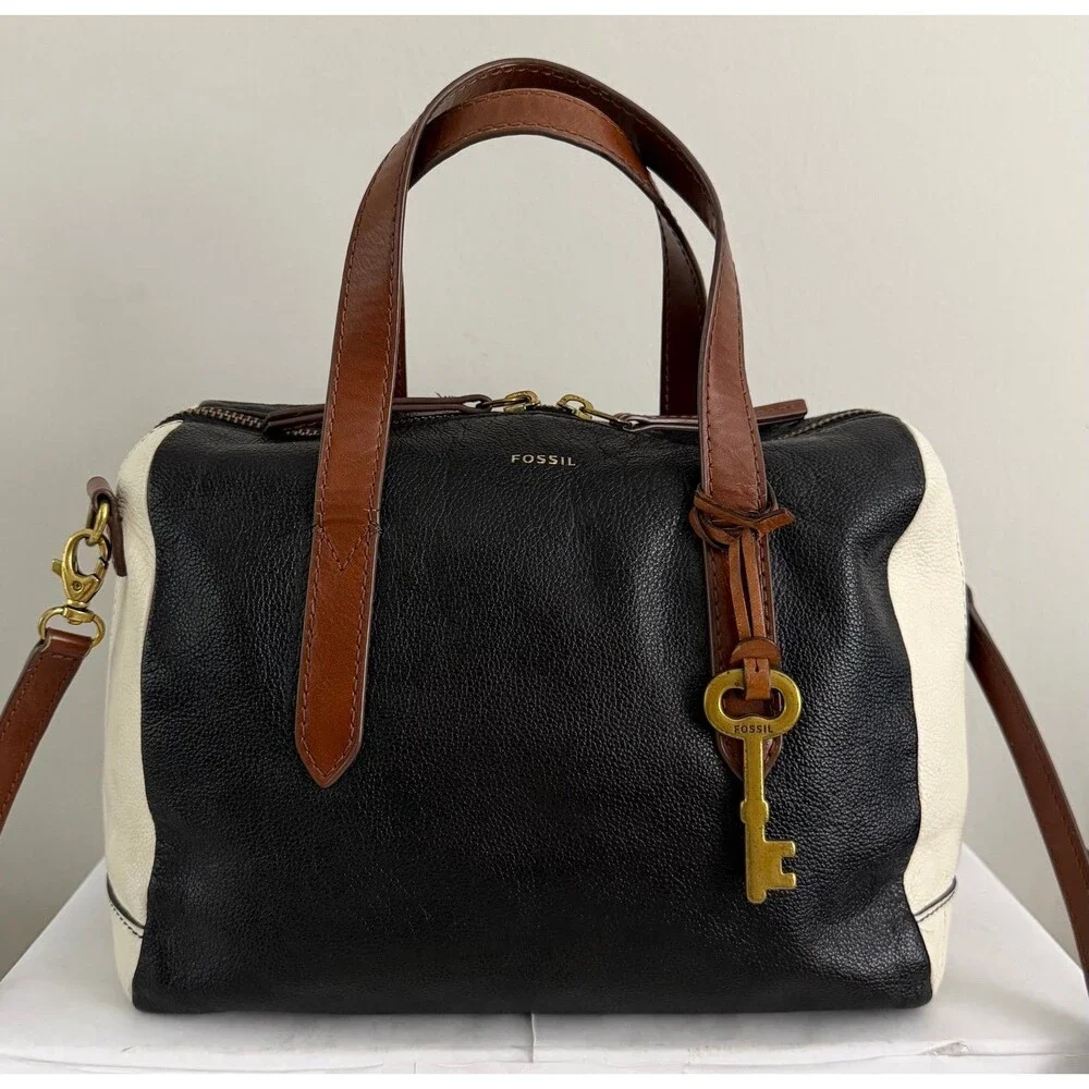 Fossil Sydney Satchel Black/White Brass Leather Crossbody Bag & Wallet